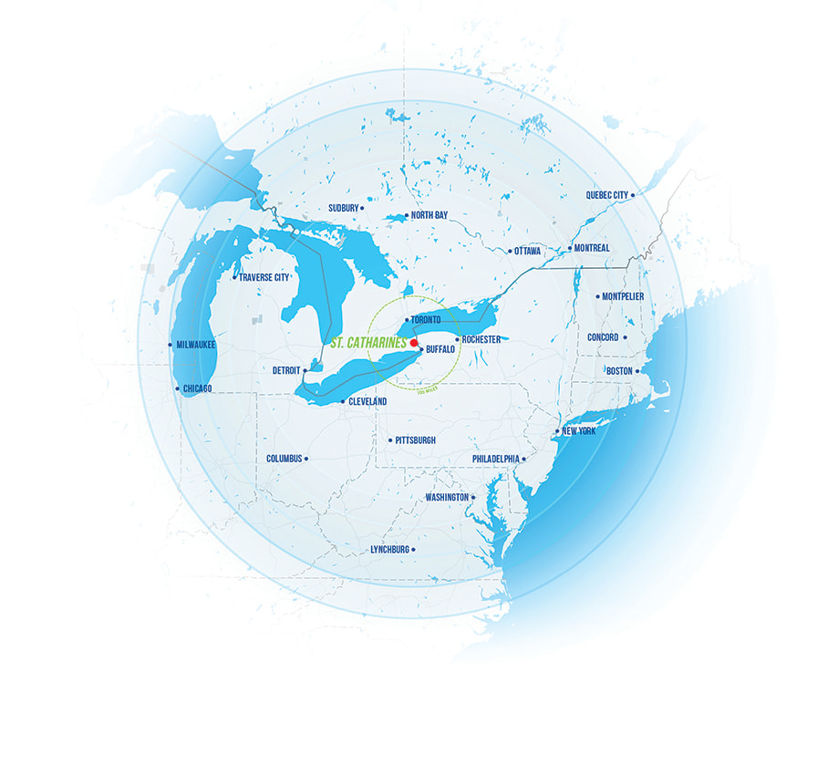 A map showing Canadian and U.S. cities within 800 kilometres from St. Catharines
